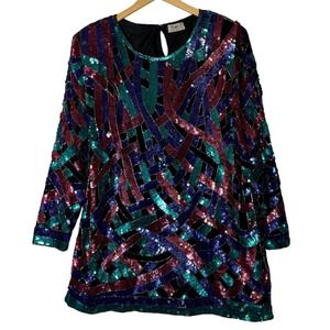 Vtg Rina Z Sequin Mini Dress Womens Fits M/L Multicolor Beaded Party Disco